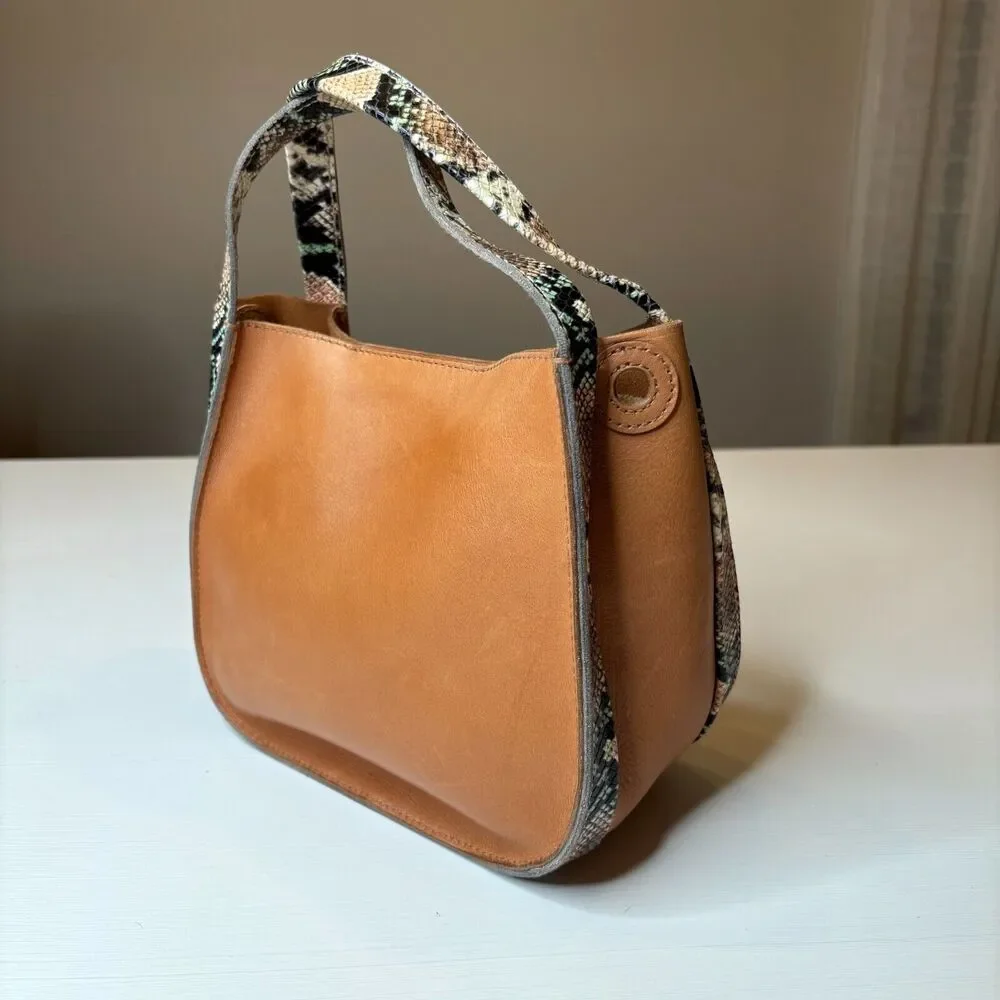 Madewell Brown Tan Leather Snakeskin Detail Double Handle‎ Satchel Crossbody Bag